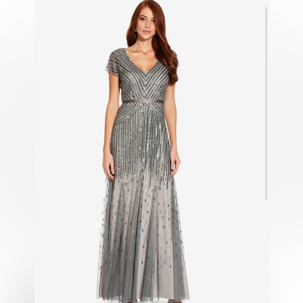 Adrianna Papell Beaded Cuff Shoulder V neck floor length gown. NEW IN PACKAGE.